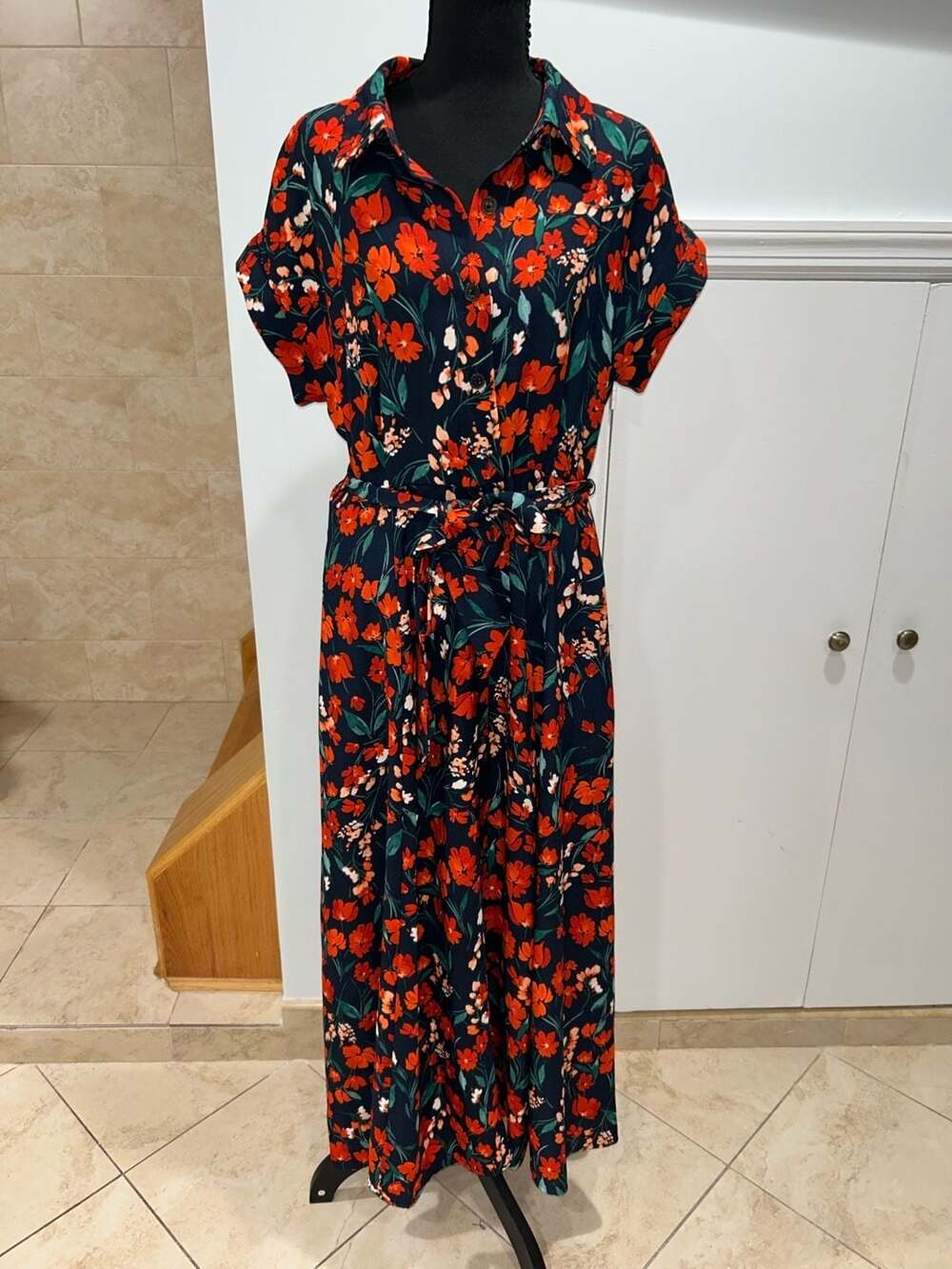 Calvin Klein Floral Print Collared Midi Shirt Dress with Belt Size 14